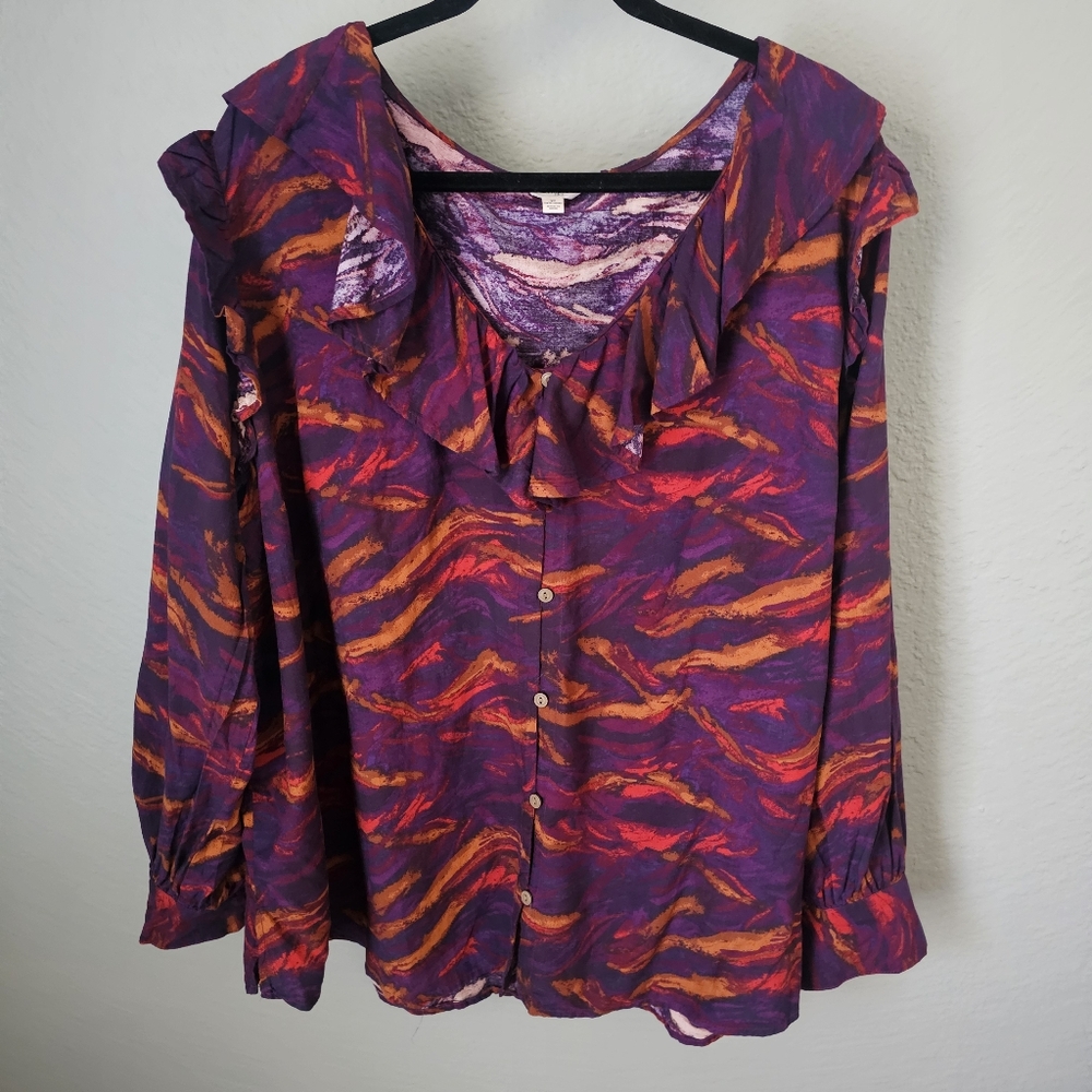 NWT Terra Sky Ruffle Button Front Long Sleeve Bloyse Artsy Size 3X